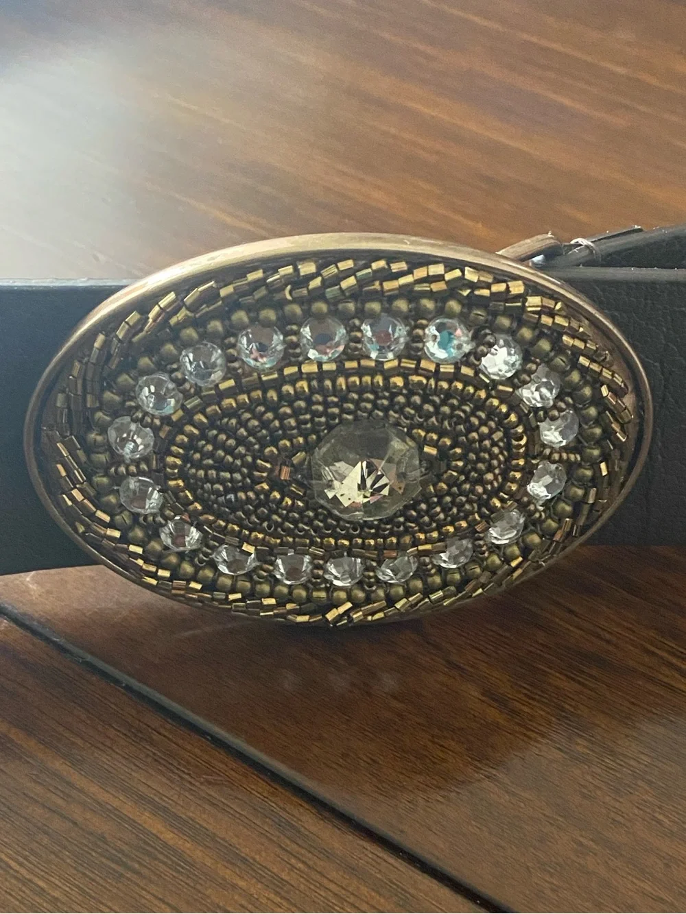 Vintage Boho Brown Leather Belt with Embellished Rhinestone Medallion Buckle L